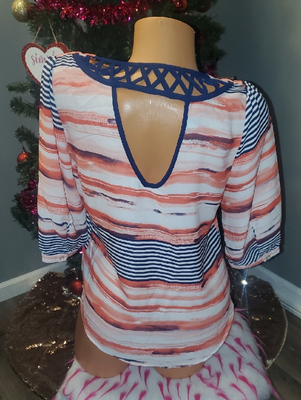 Iz Byer Striped V-Neck Blouse in Coral, Navy & White - Picture 4 of 7